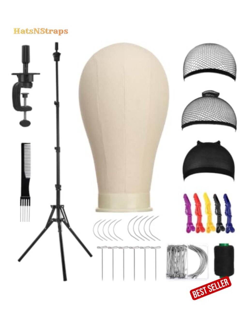 23in Canvas Block Wig Head with Tripod Stand & Accessory Kit for Wig Making